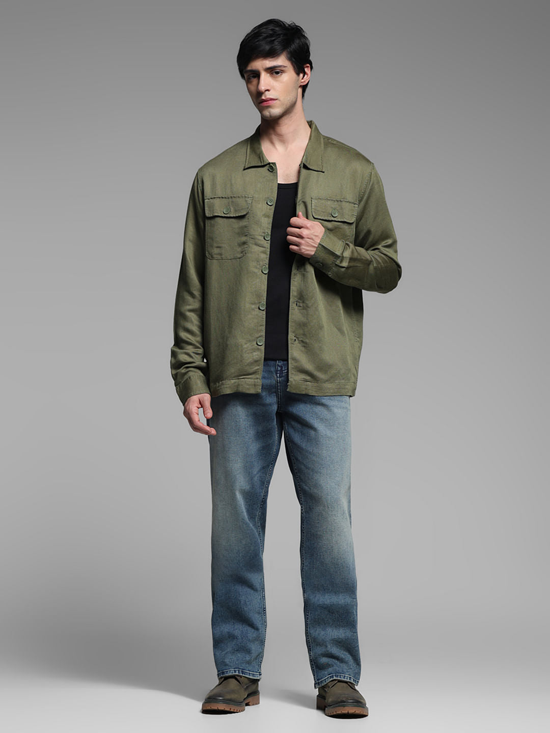 Green Linen Blend Oversized Shirt