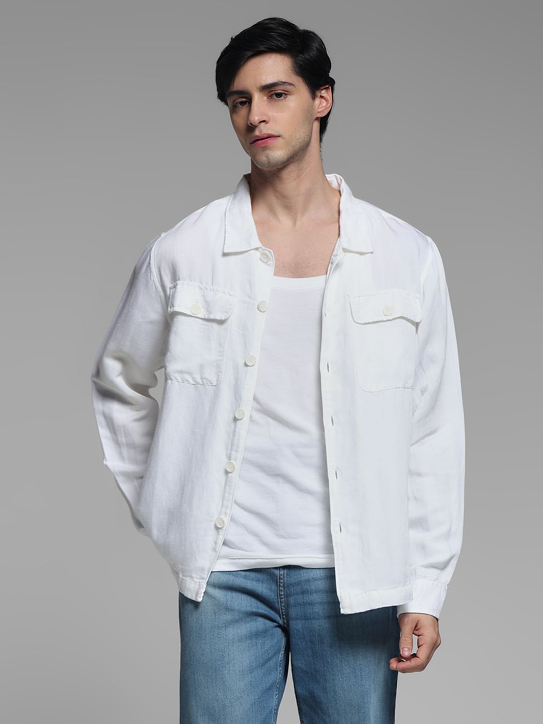 White Linen Blend Oversized Shirt