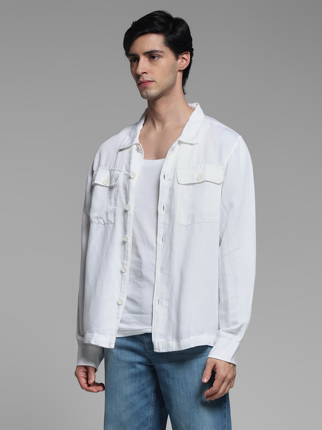 White Linen Blend Oversized Shirt