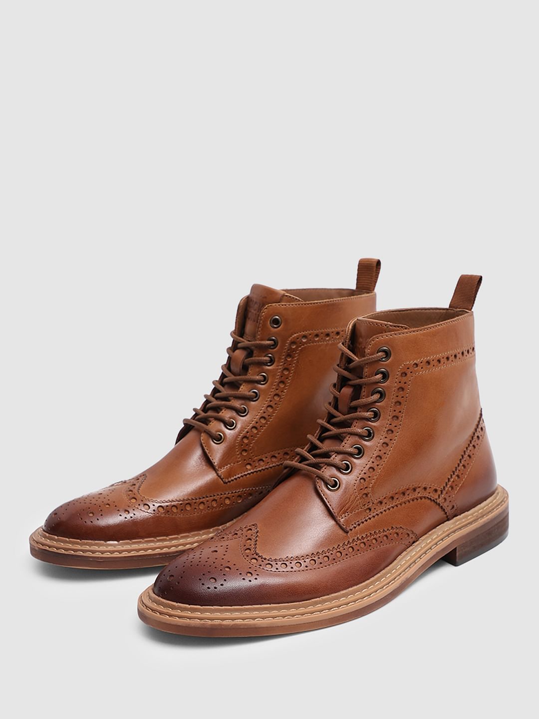 Brown Brogue Wingtip Leather Boots