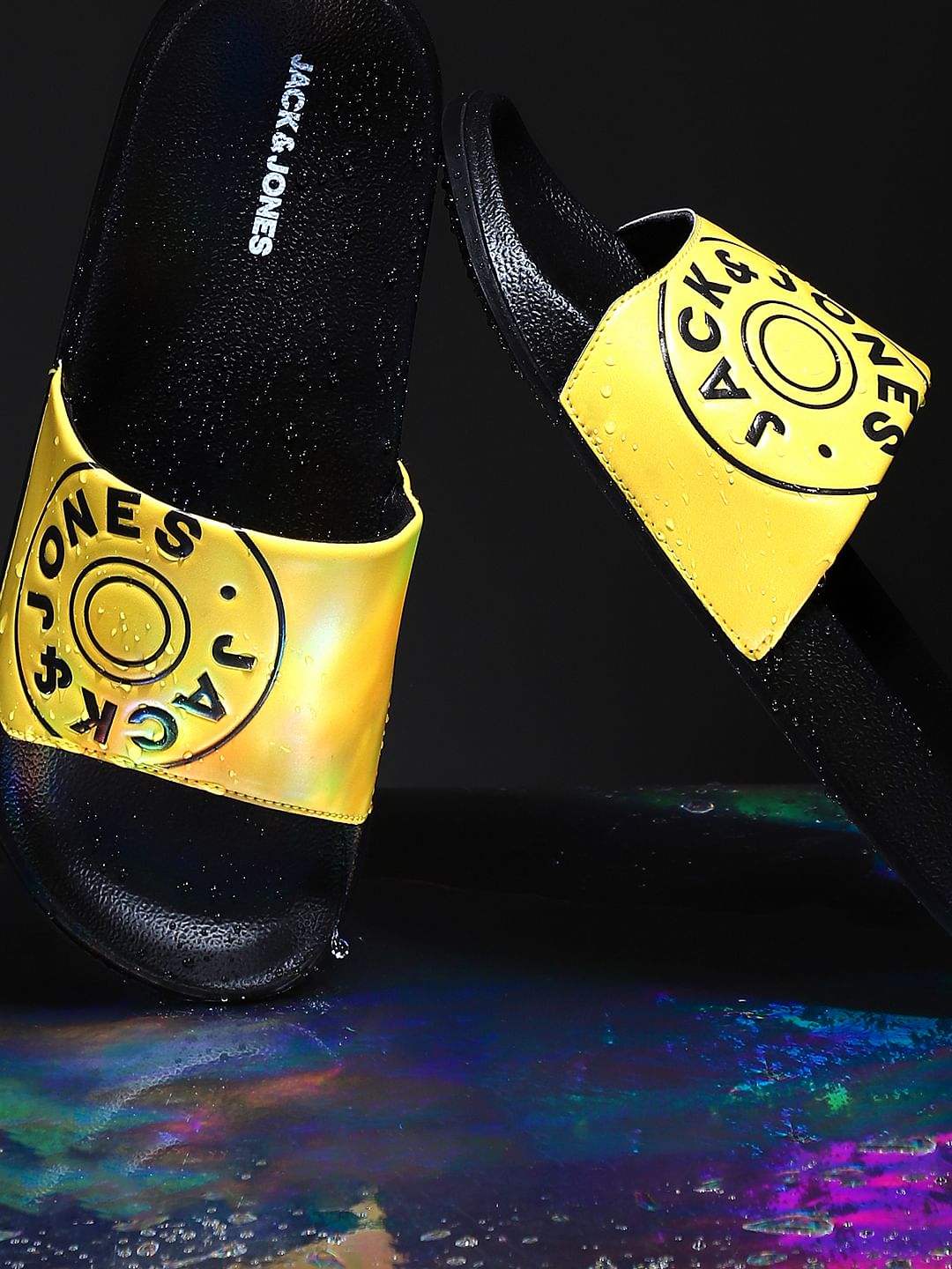 Yellow Logo Print Pool Sliders