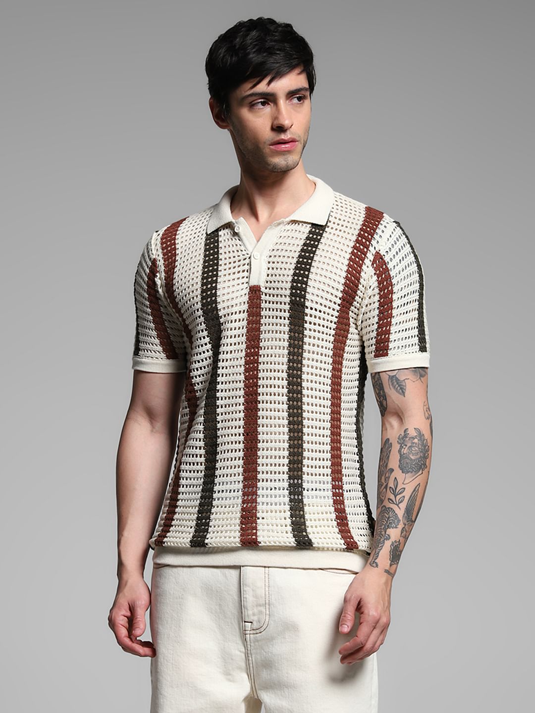 Cream Striped Knitted Polo