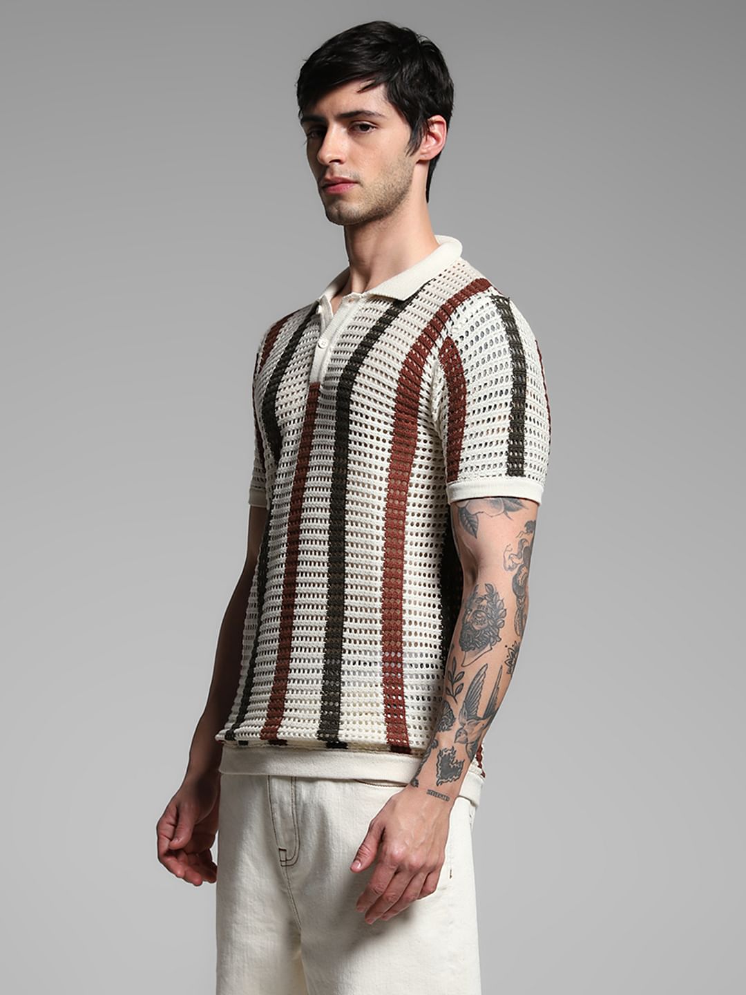 Cream Striped Knitted Polo