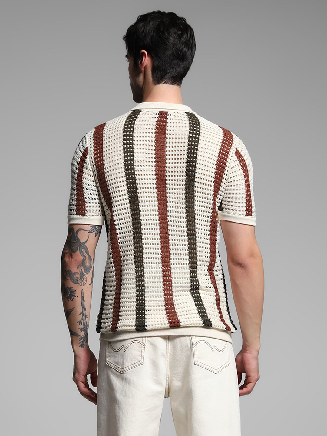 Cream Striped Knitted Polo