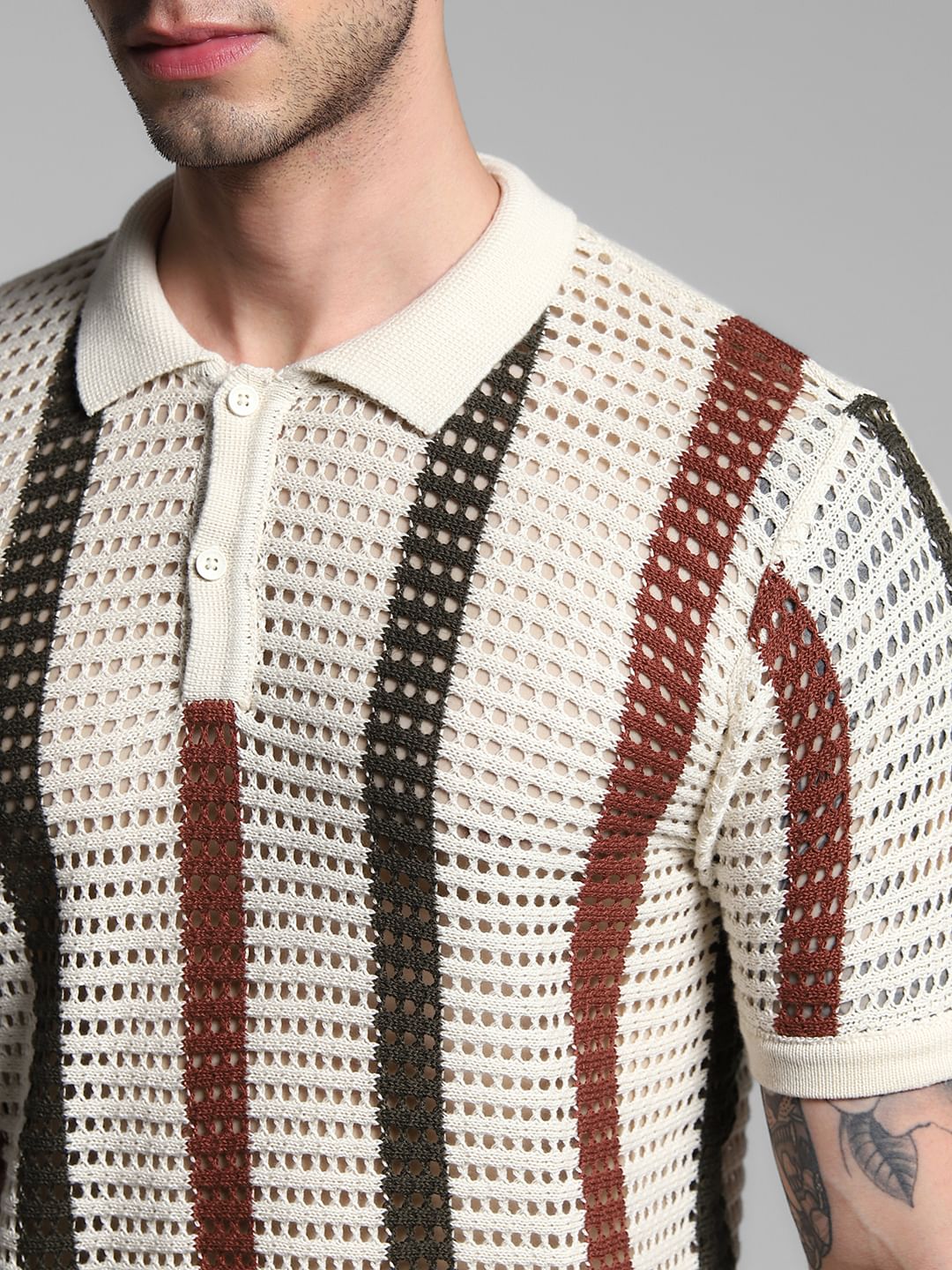 Cream Striped Knitted Polo