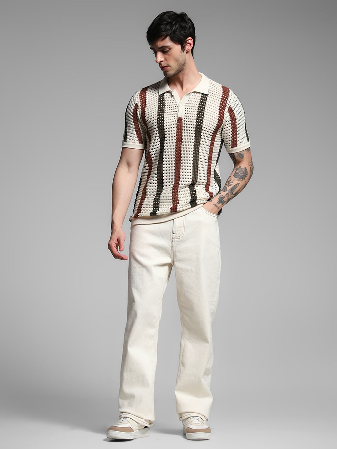 Cream Striped Knitted Polo
