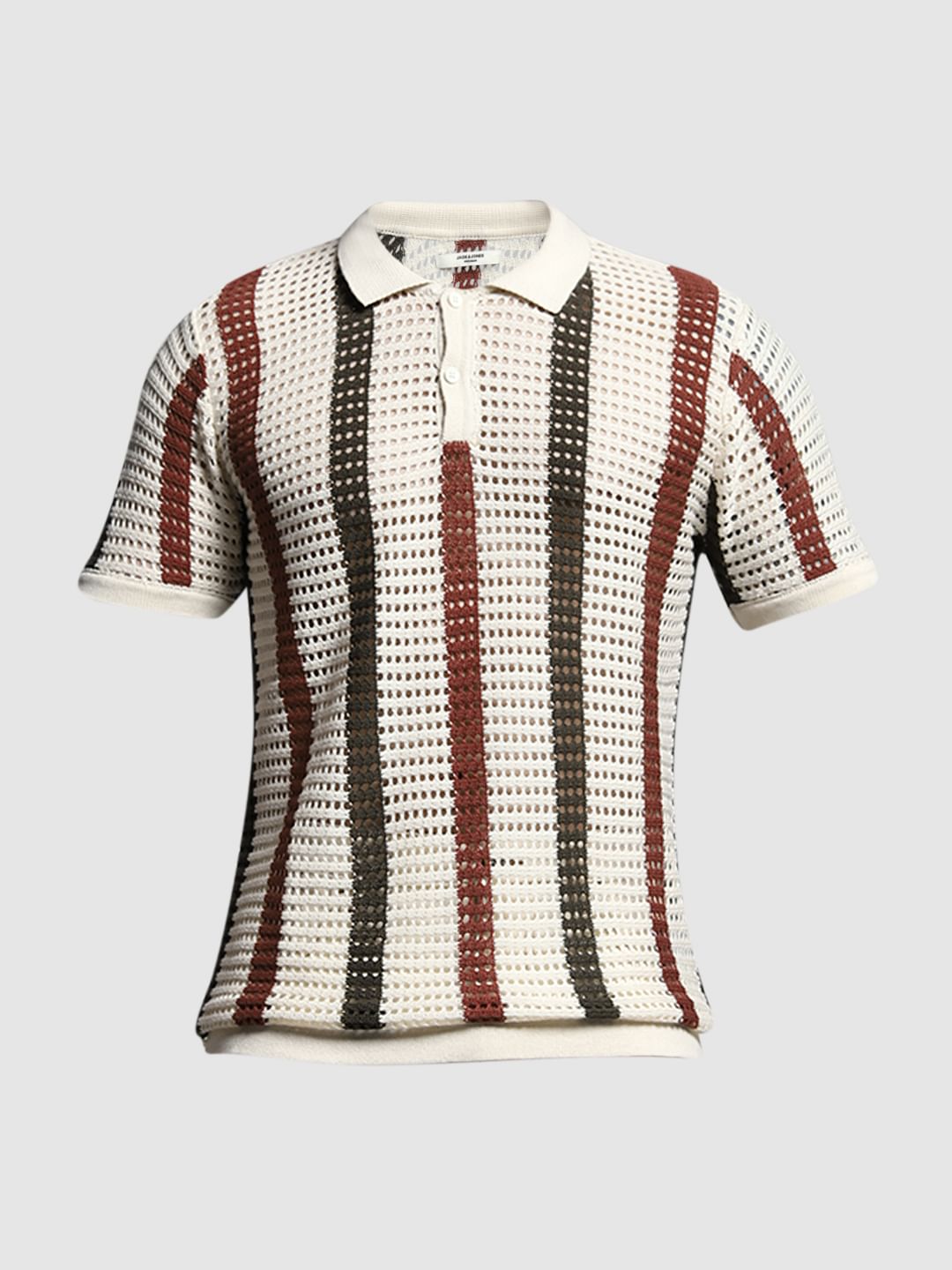 Cream Striped Knitted Polo