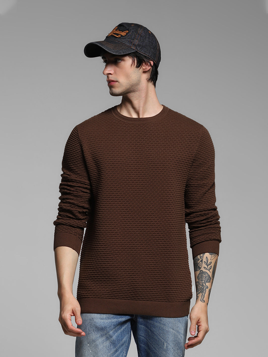 Brown Textured Crew Neck Pullover
