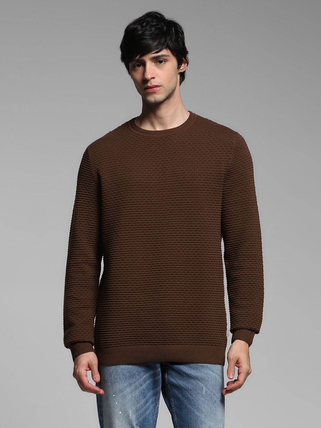 Brown Textured Crew Neck Pullover