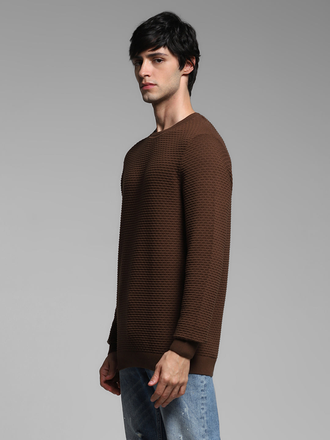Brown Textured Crew Neck Pullover