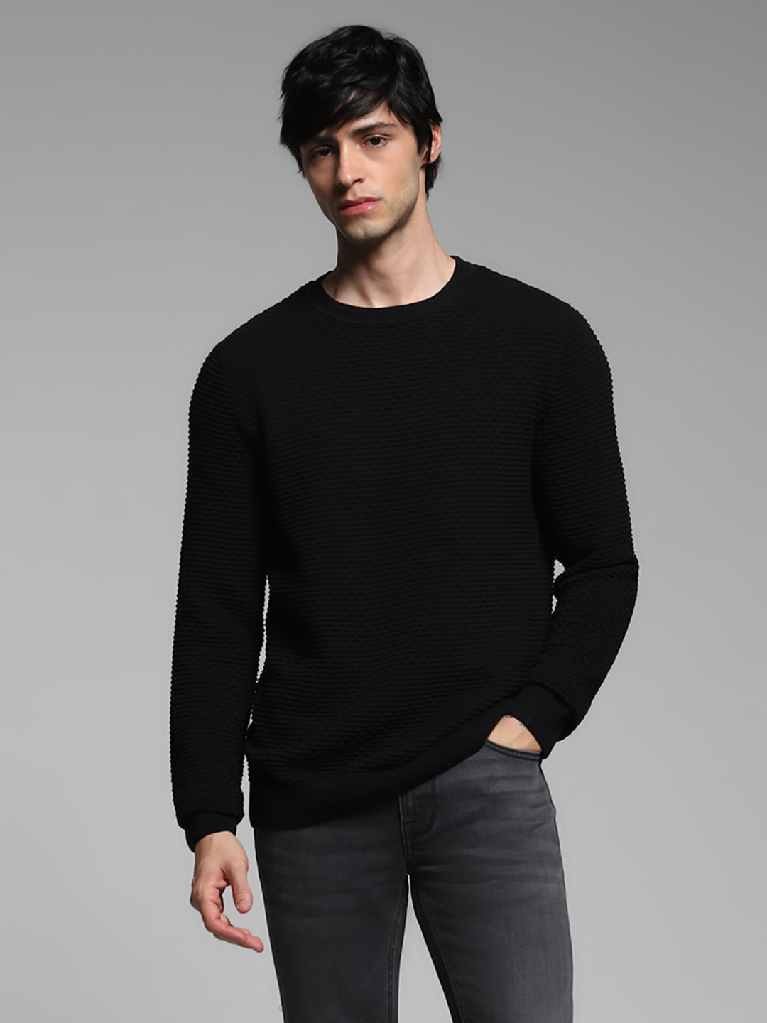Black Textured Crew Neck Pullover