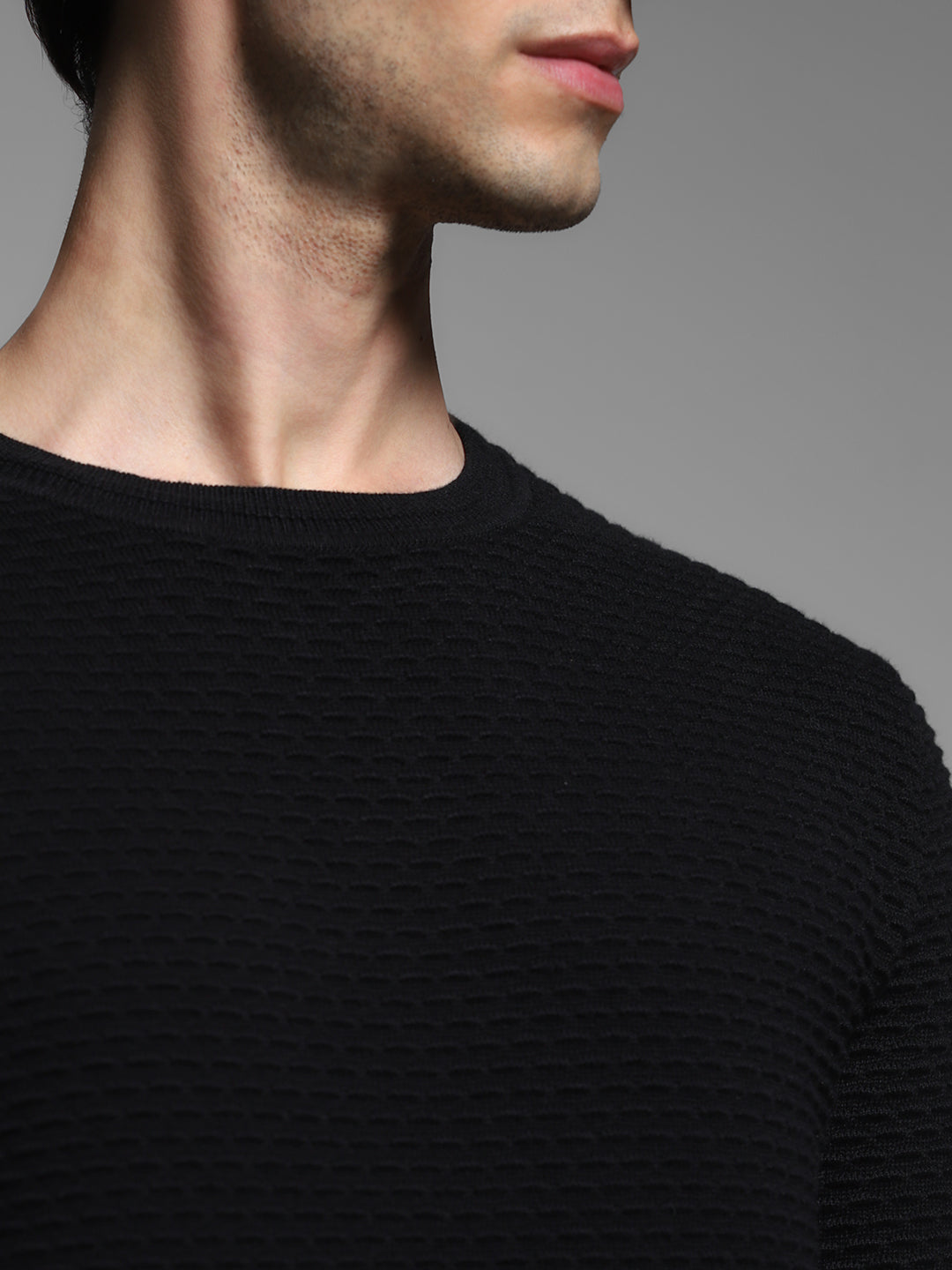 Black Textured Crew Neck Pullover
