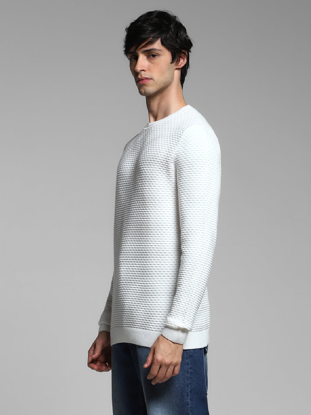 White Textured Crew Neck Pullover
