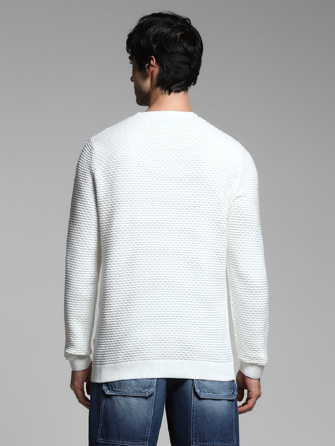 White Textured Crew Neck Pullover