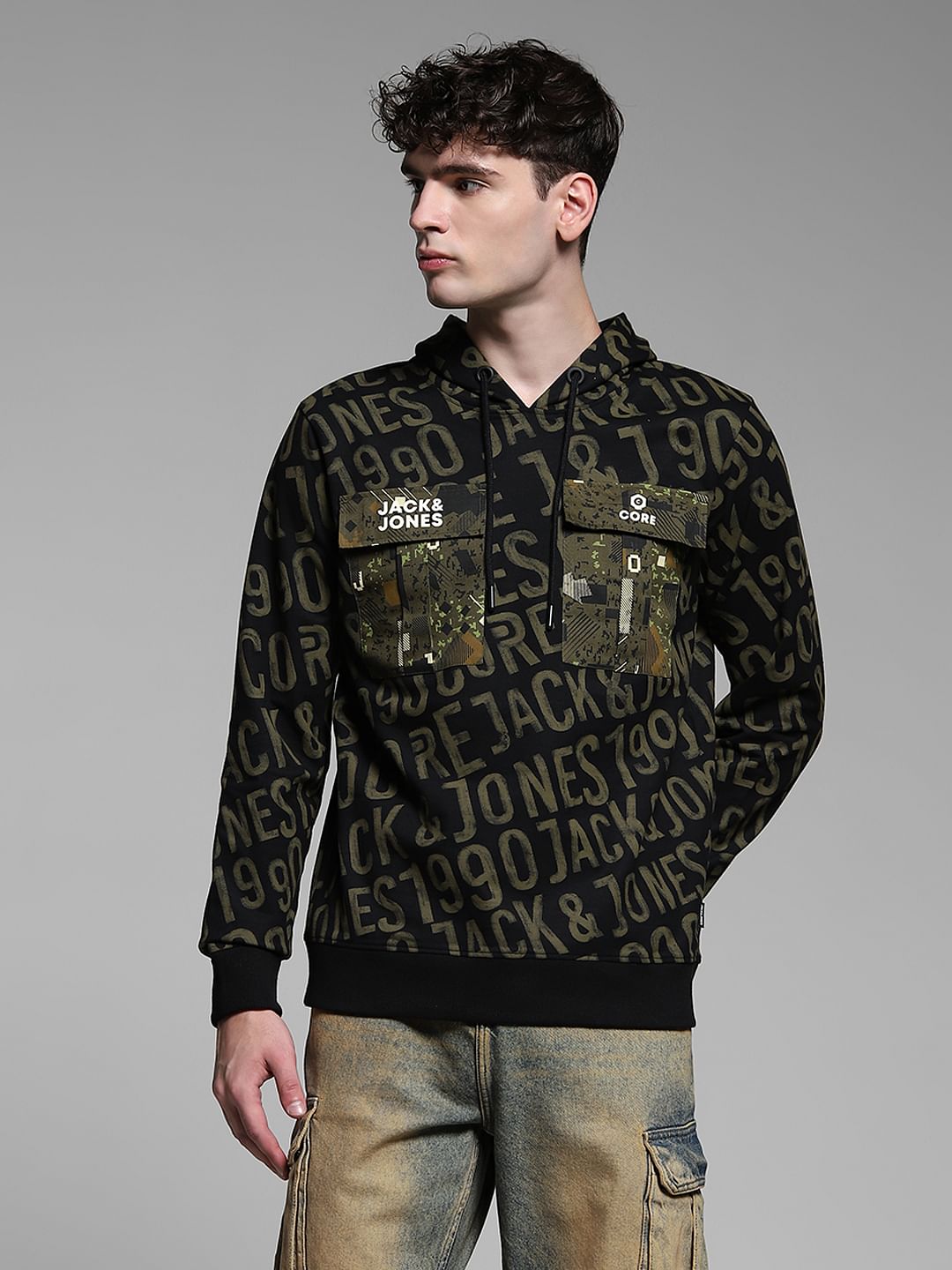 Bronze Green Printed Hooded Sweatshirt