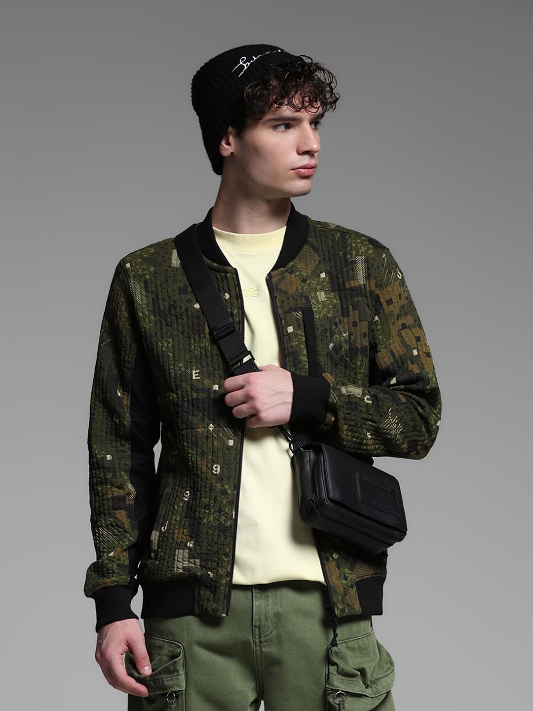 Dark Green Printed Sweat Jacket