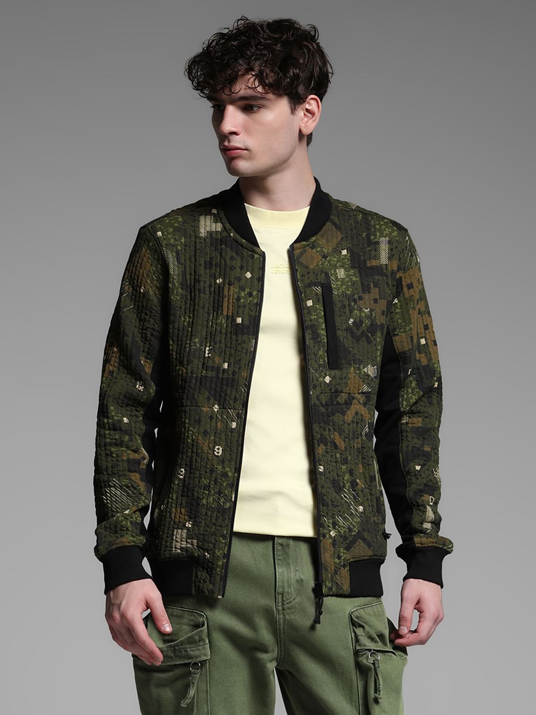 Dark Green Printed Sweat Jacket