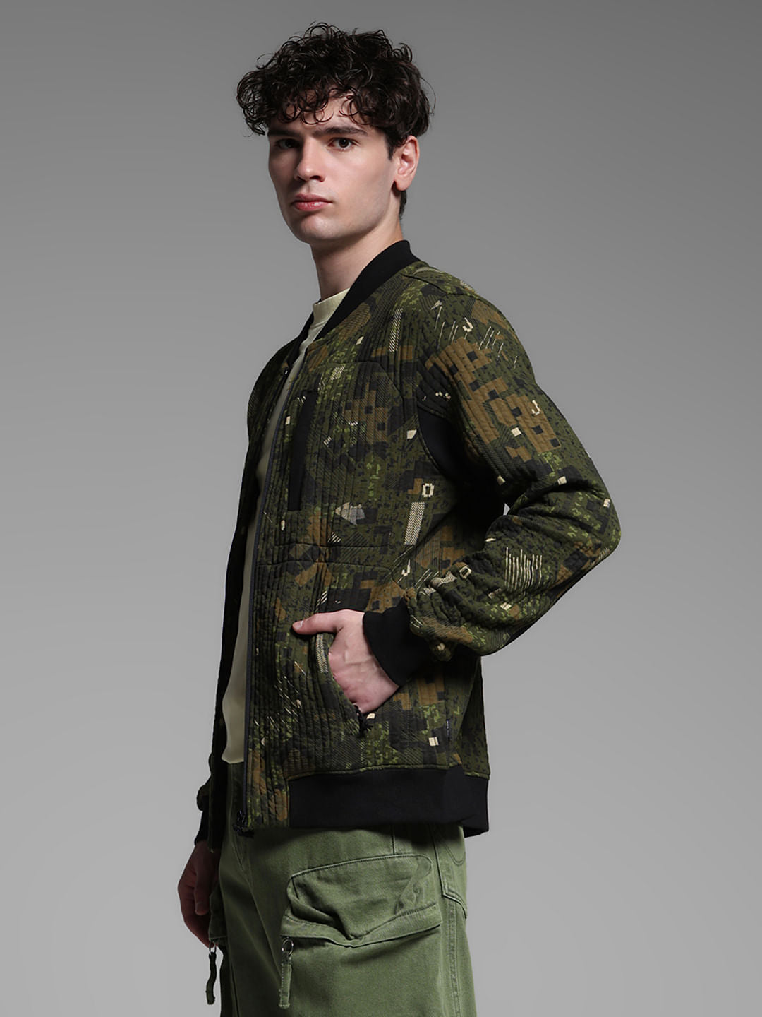 Dark Green Printed Sweat Jacket