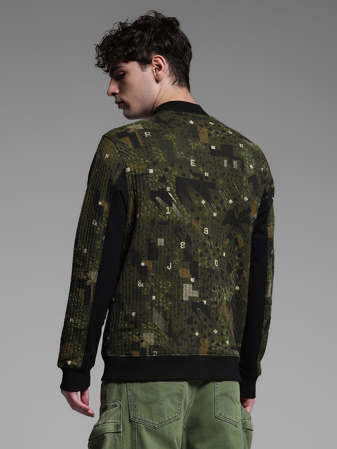 Dark Green Printed Sweat Jacket