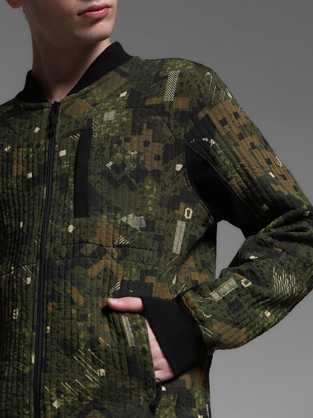 Dark Green Printed Sweat Jacket