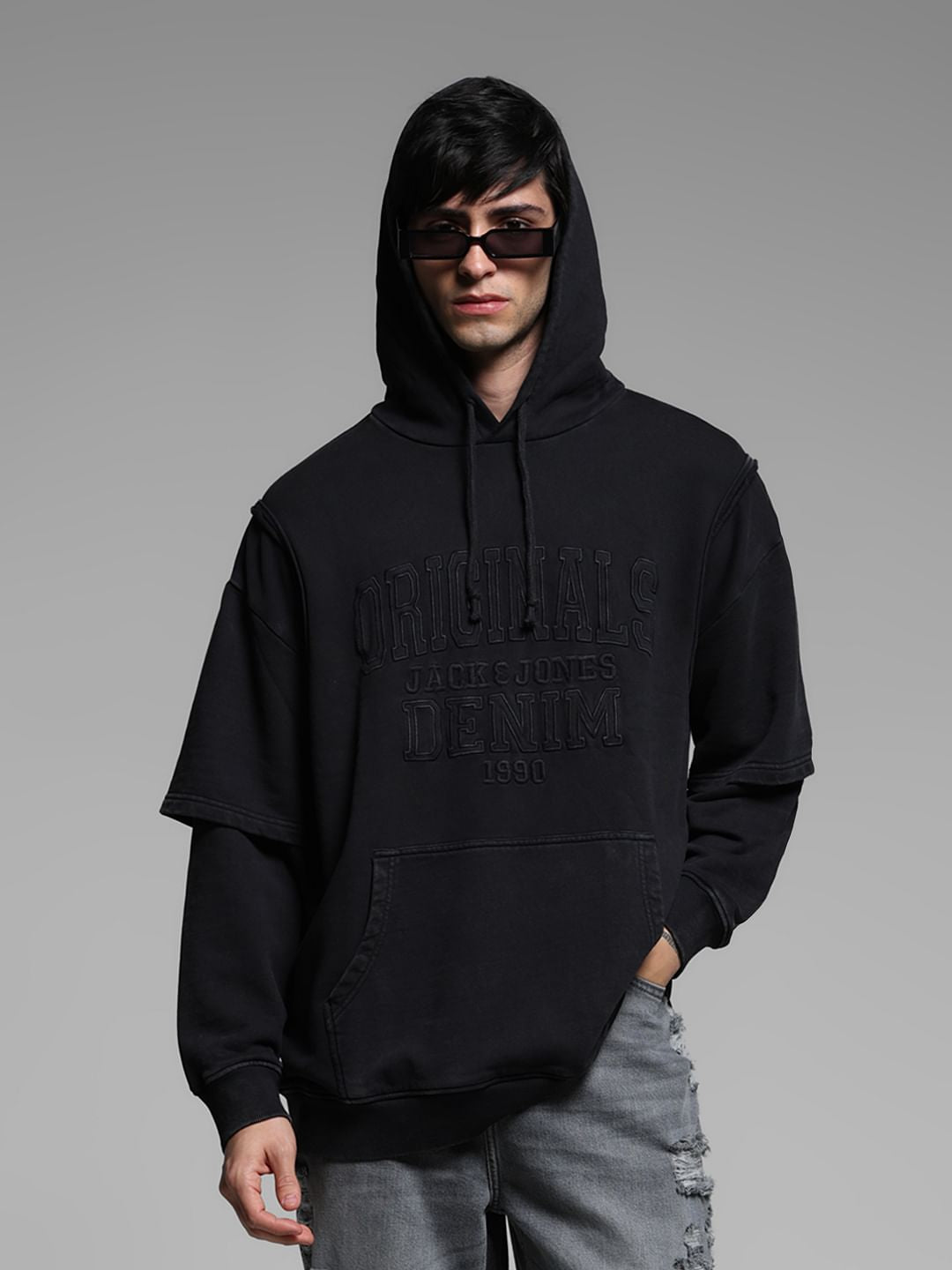 Black Applique Patchwork Hooded Sweatshirt