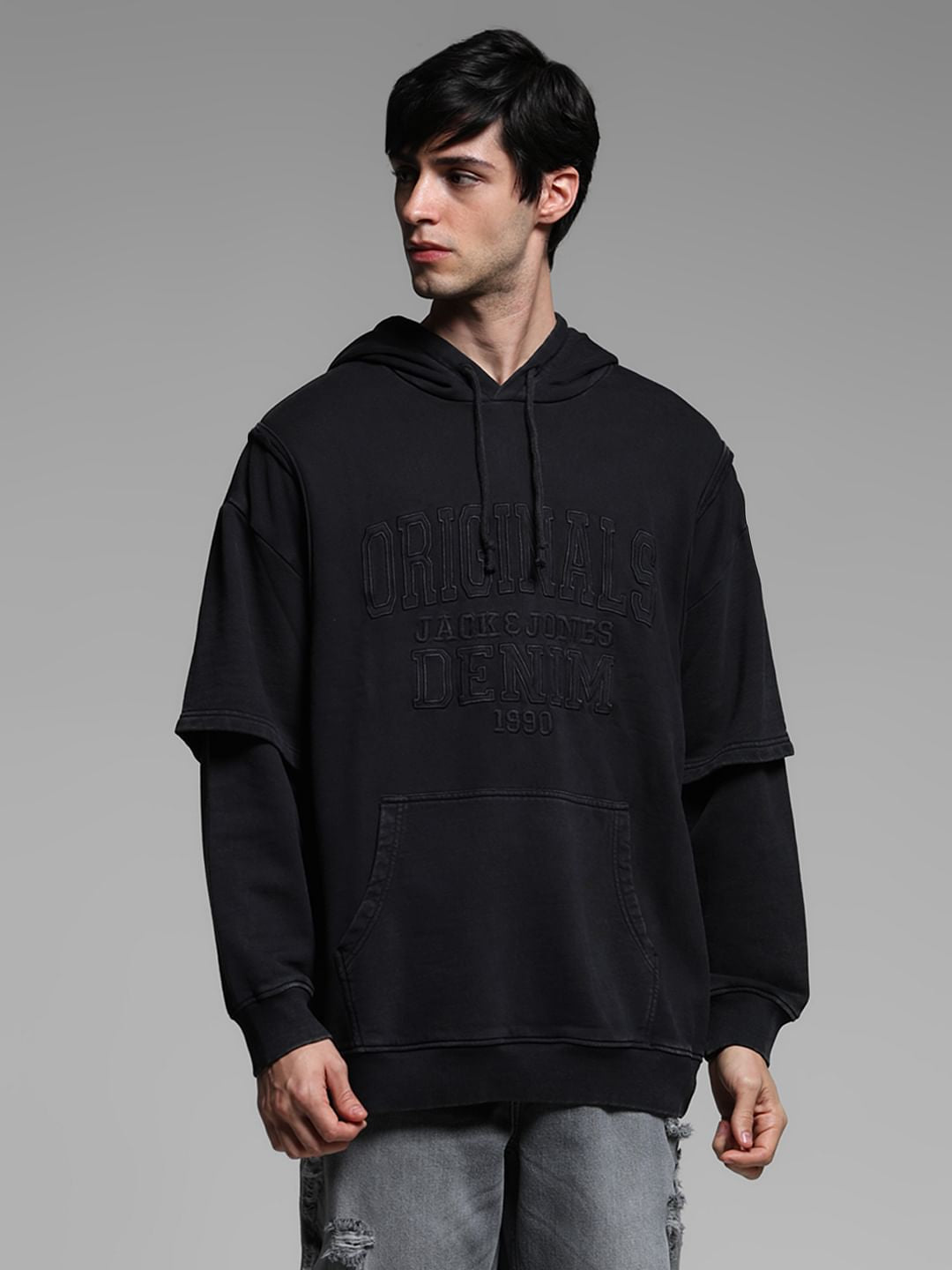 Black Applique Patchwork Hooded Sweatshirt