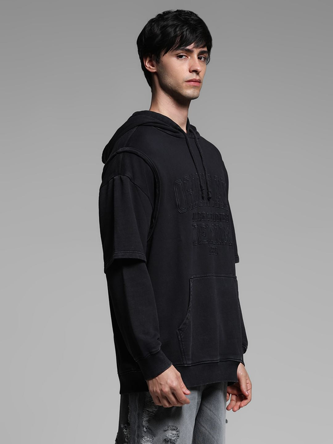 Black Applique Patchwork Hooded Sweatshirt