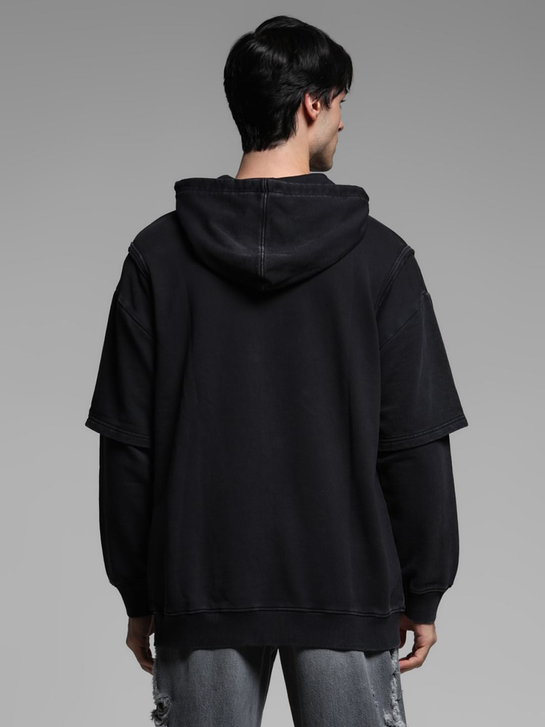 Black Applique Patchwork Hooded Sweatshirt