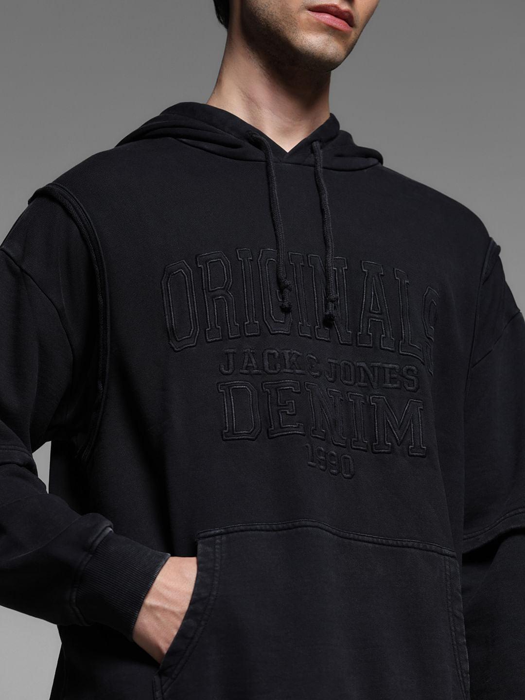 Black Applique Patchwork Hooded Sweatshirt