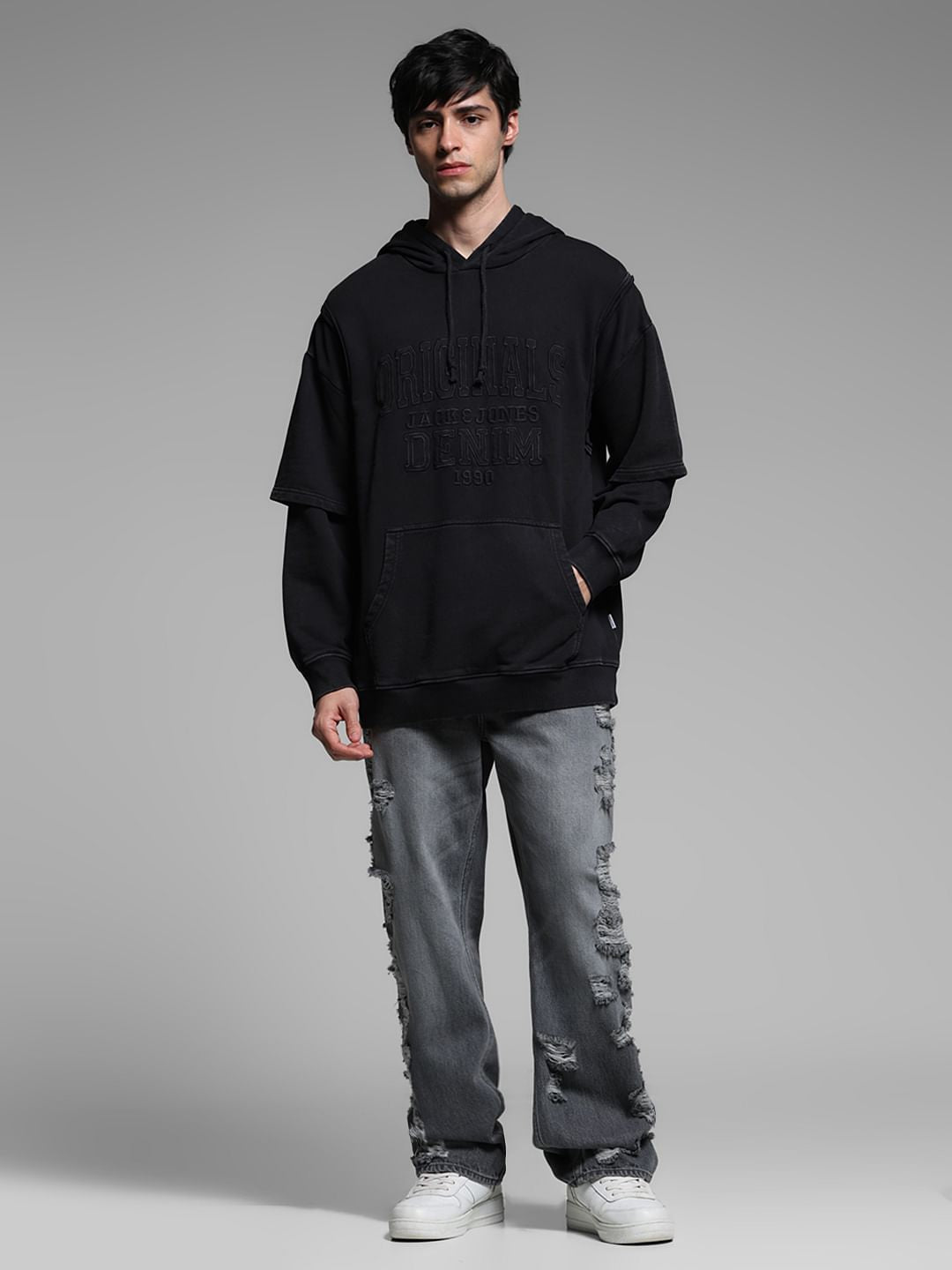 Black Applique Patchwork Hooded Sweatshirt