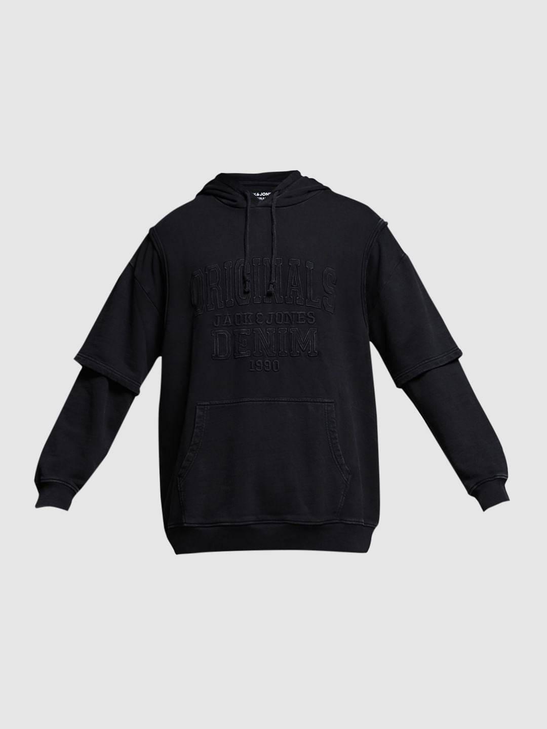 Black Applique Patchwork Hooded Sweatshirt