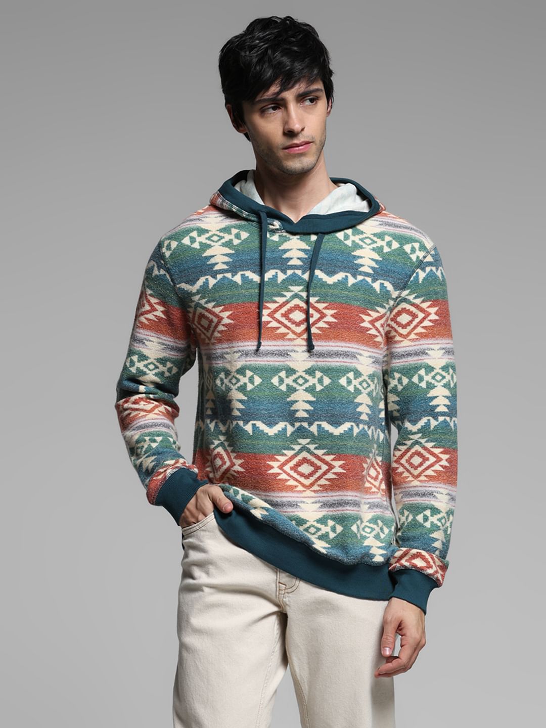 Green Printed Hooded Sweatshirt