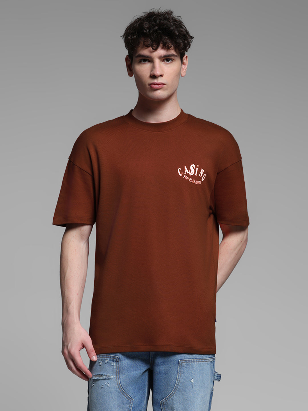 Men's Brown Oversized Cotton Graphic Crew Neck T-Shirt