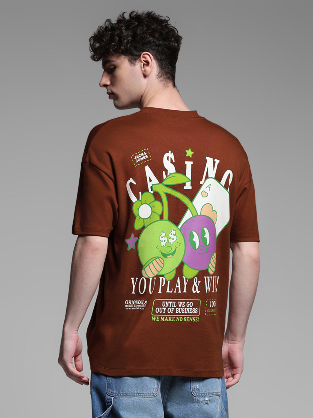 Men's Brown Oversized Cotton Graphic Crew Neck T-Shirt