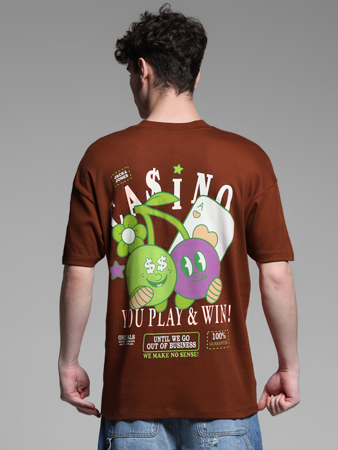 Men's Brown Oversized Cotton Graphic Crew Neck T-Shirt