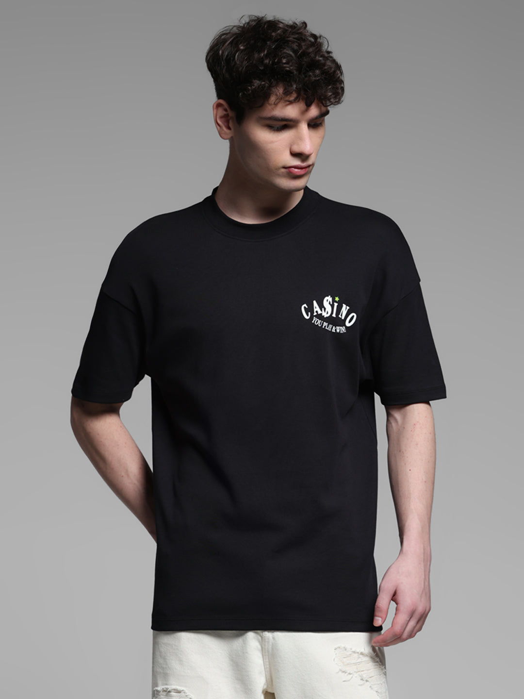 Men's Black Oversized Cotton Crew Neck Graphic T-Shirt
