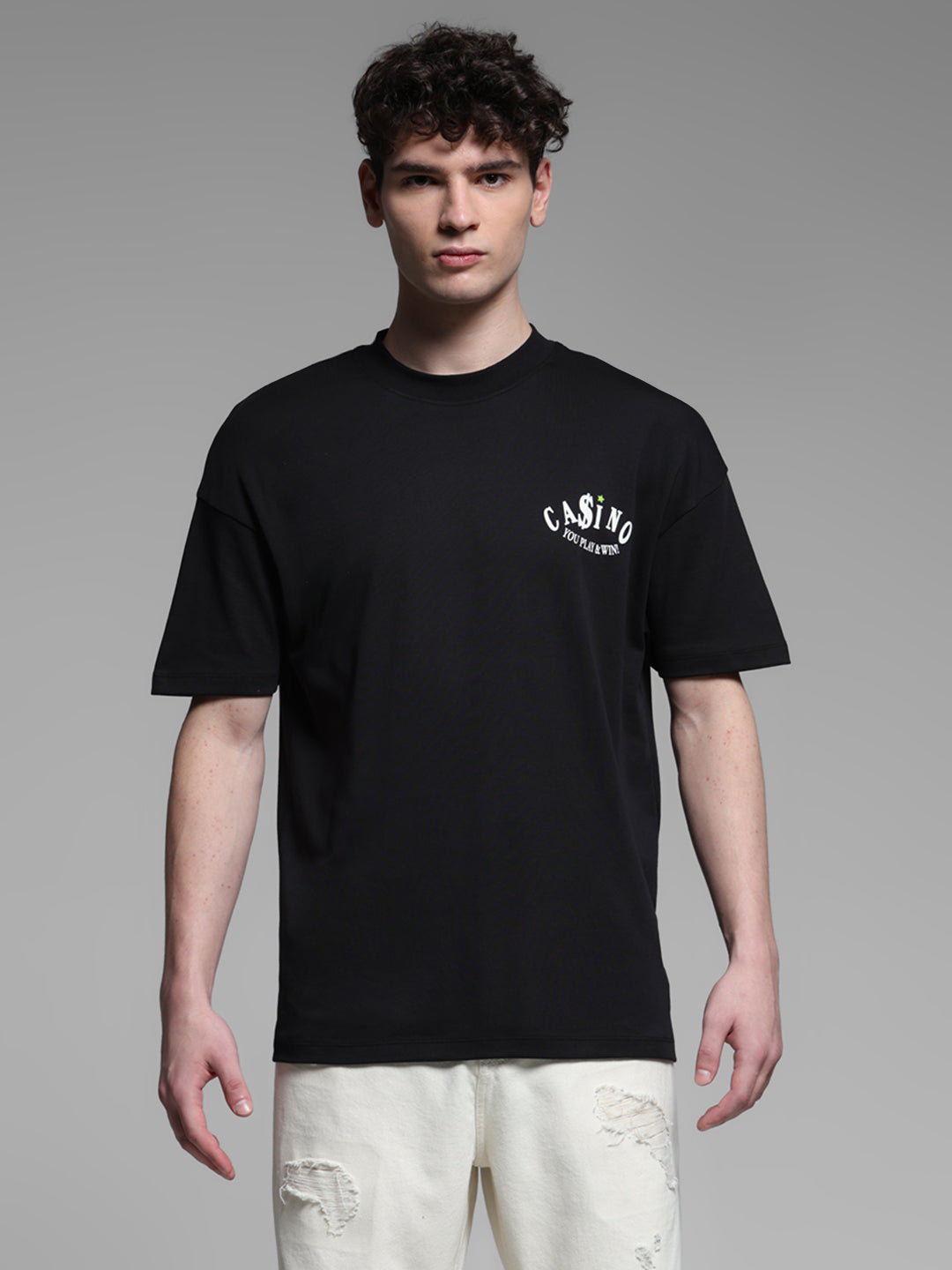 Men's Black Oversized Cotton Crew Neck Graphic T-Shirt
