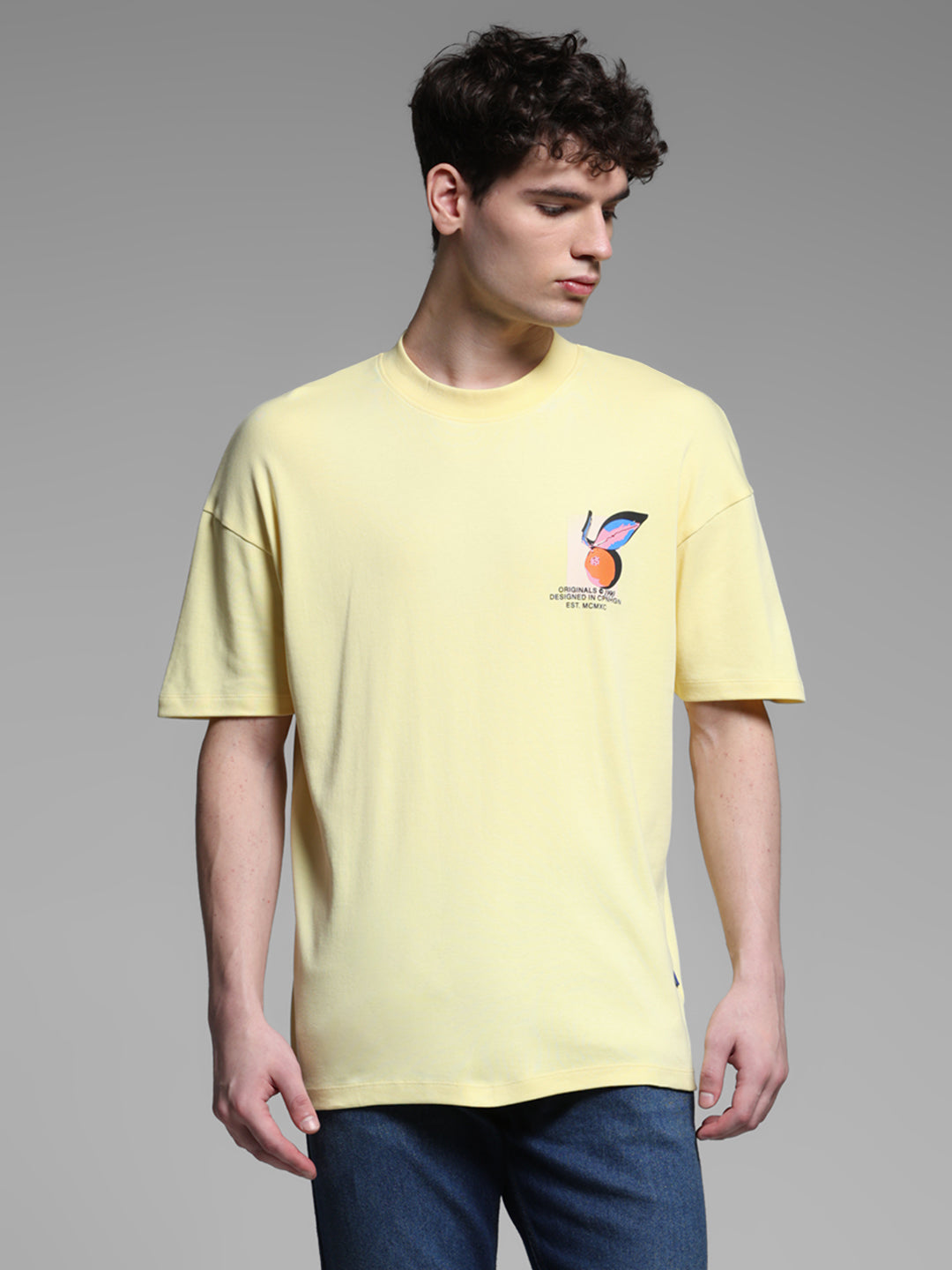Men's Yellow Cotton Oversized Graphic Crew Neck T-Shirt