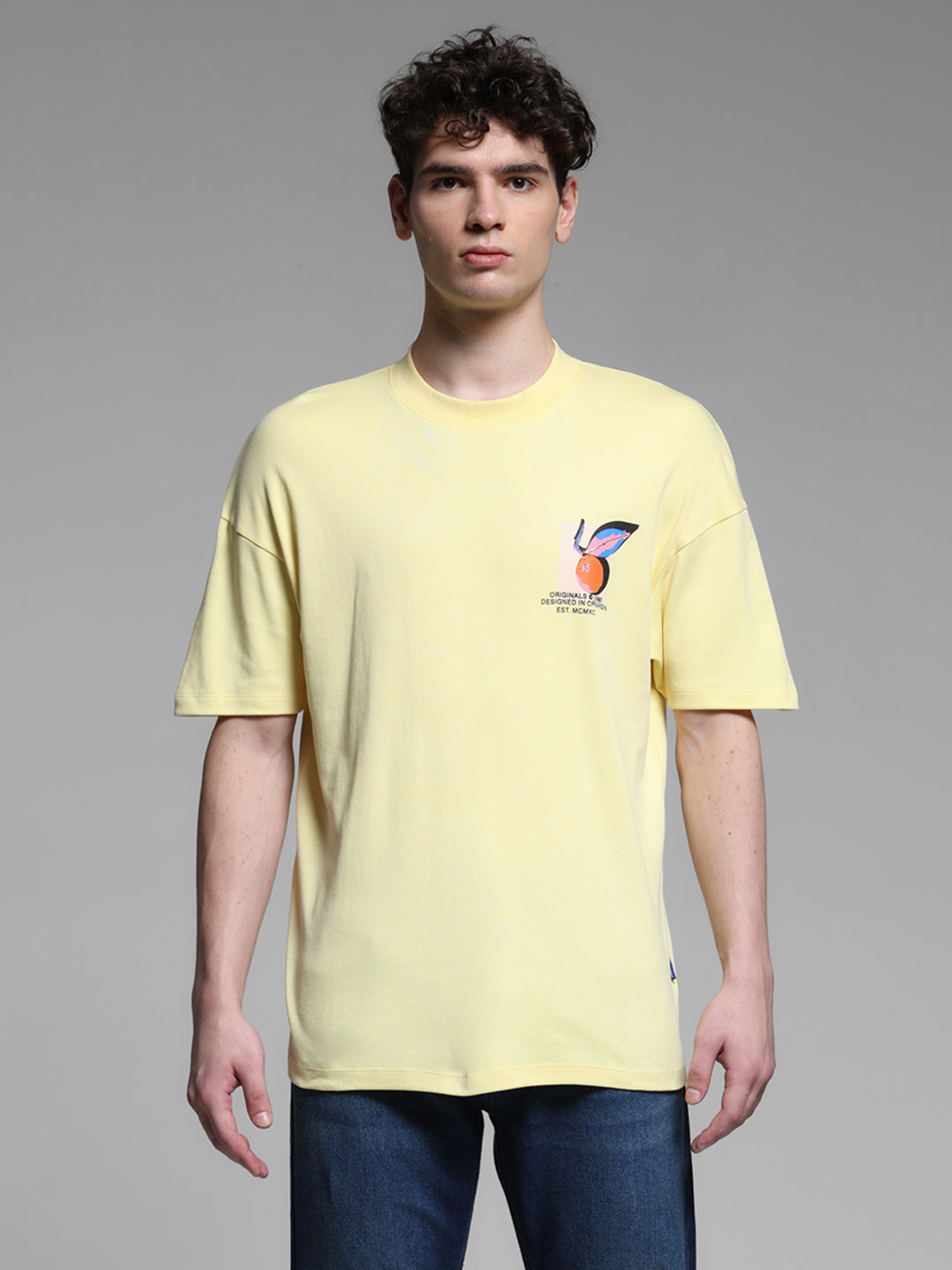 Men's Yellow Cotton Oversized Graphic Crew Neck T-Shirt