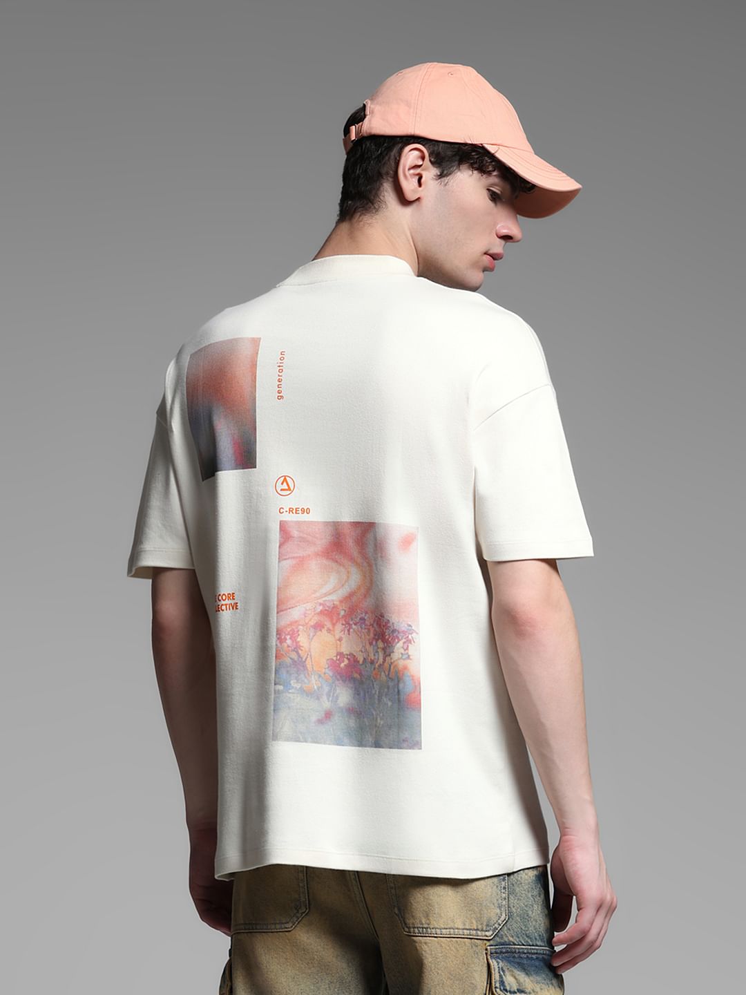 Beige Cotton Printed Oversized T-shirt