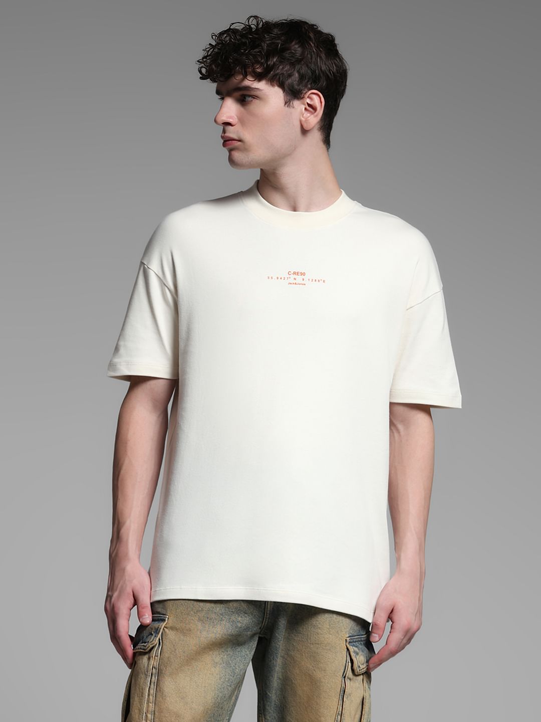 Beige Cotton Printed Oversized T-shirt