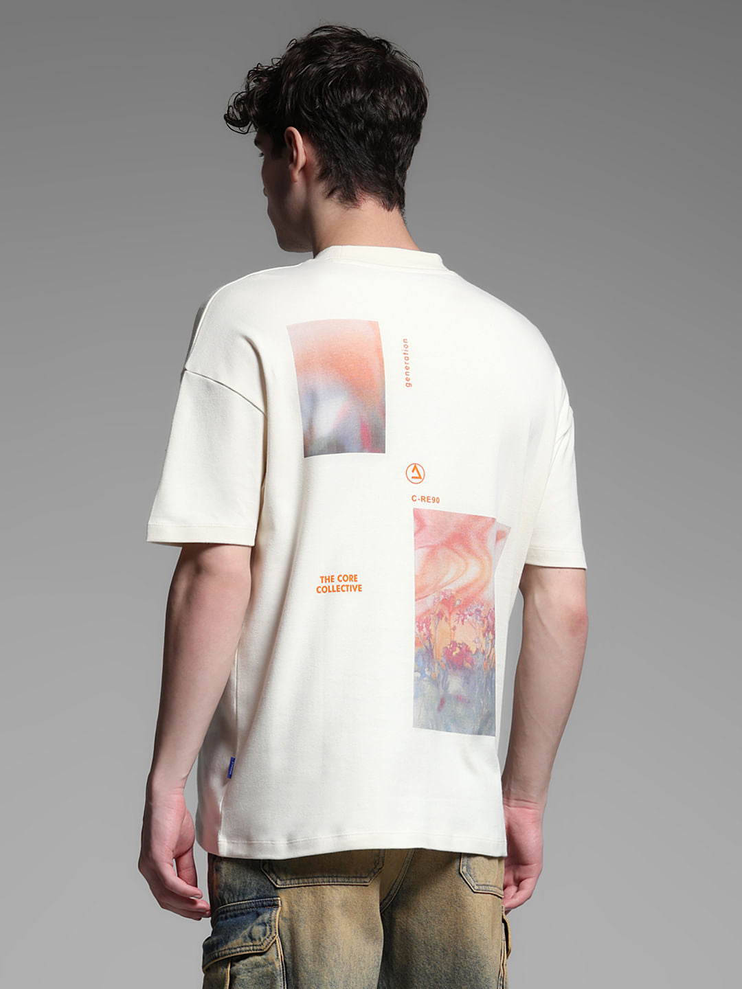 Beige Cotton Printed Oversized T-shirt