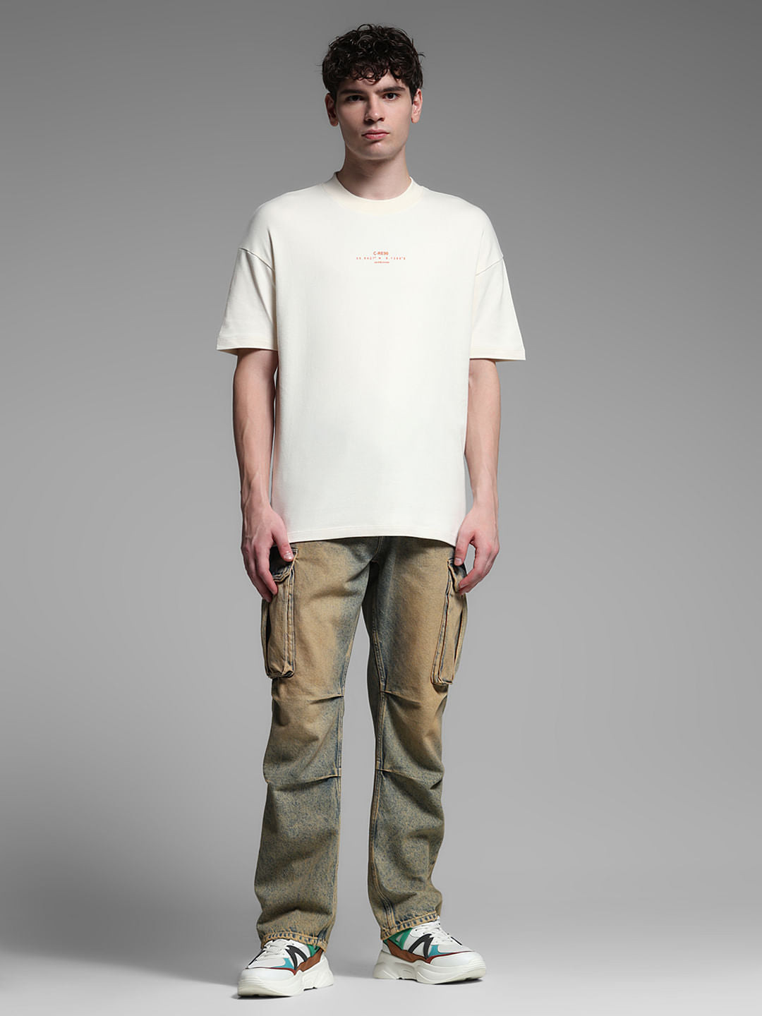 Beige Cotton Printed Oversized T-shirt