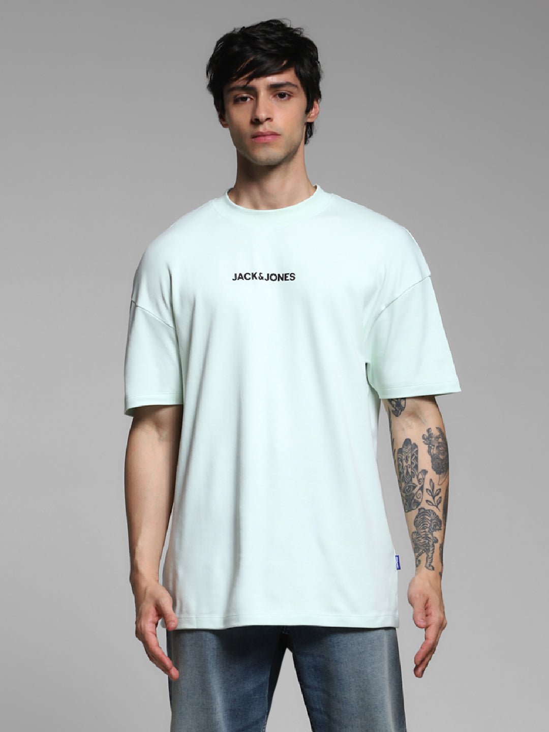 Men's Oversized Cotton Crew Neck Graphic T-Shirt - Clearly Aqua