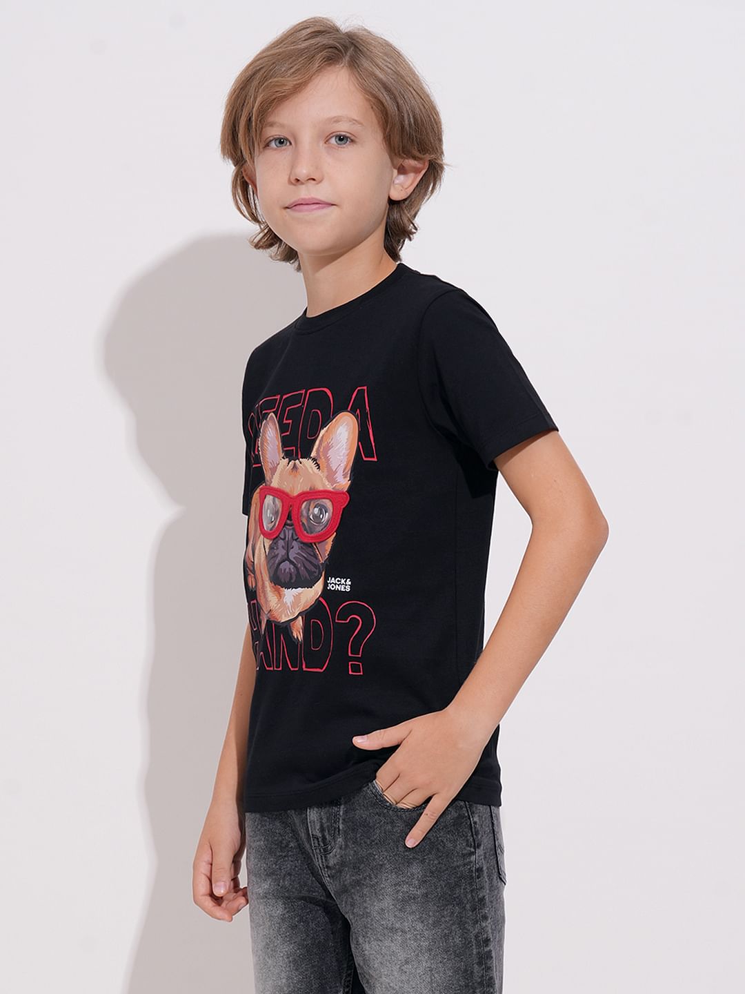 Boys Black Doggo Print T-shirt
