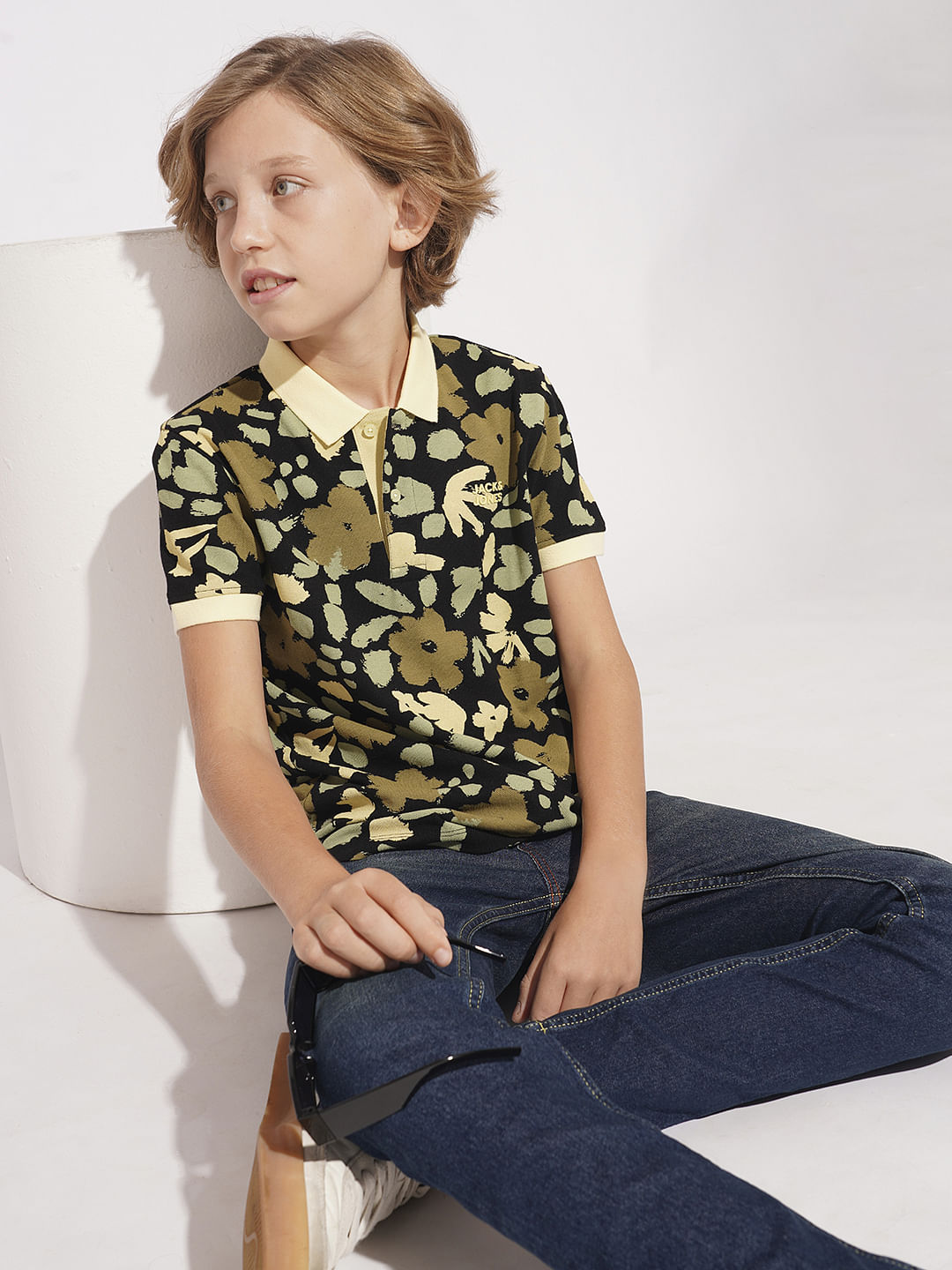 Boys Yellow Floral Cotton Polo