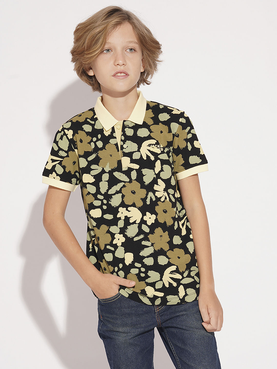 Boys Yellow Floral Cotton Polo
