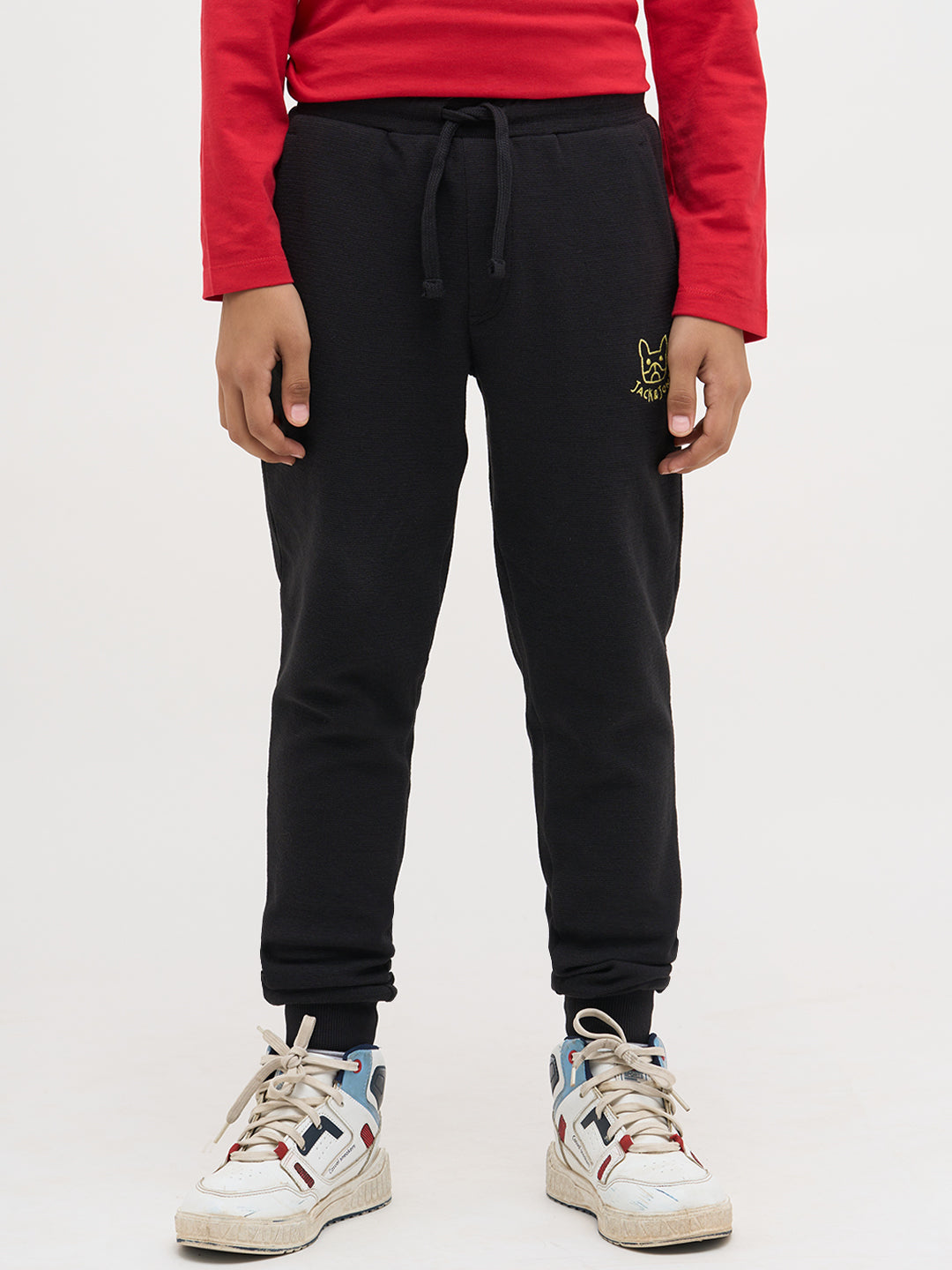 Boys Black Textured Knit Joggers With Drawstring Waist