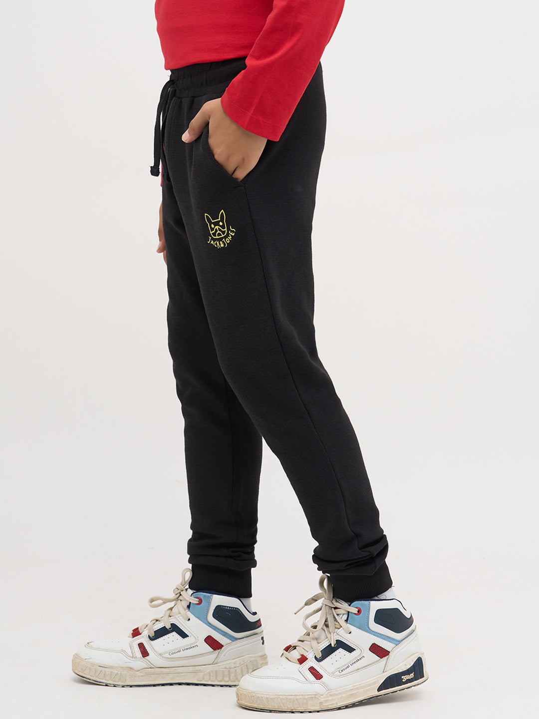 Boys Black Textured Knit Joggers With Drawstring Waist