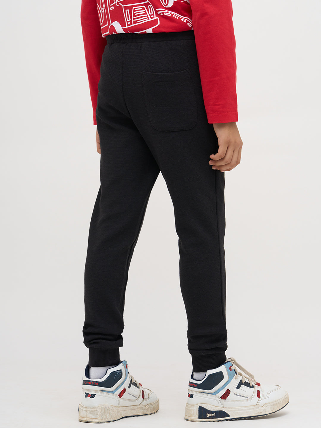 Boys Black Textured Knit Joggers With Drawstring Waist